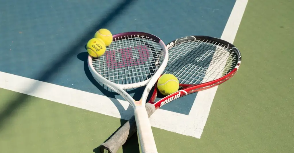 Two tennis rackets and a yellow ball on a red clay court surface, scoreboard visible in background showing ATP WTA tournament schedule, close-up photorealistic sports image