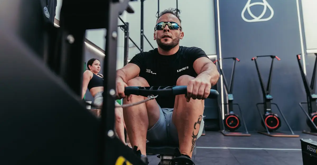 A male athlete pushing a heavy sled on a competition floor during a HYROX event, intense effort expression, indoor sports arena with dramatic lighting, crowd in the background, photorealistic sports photography