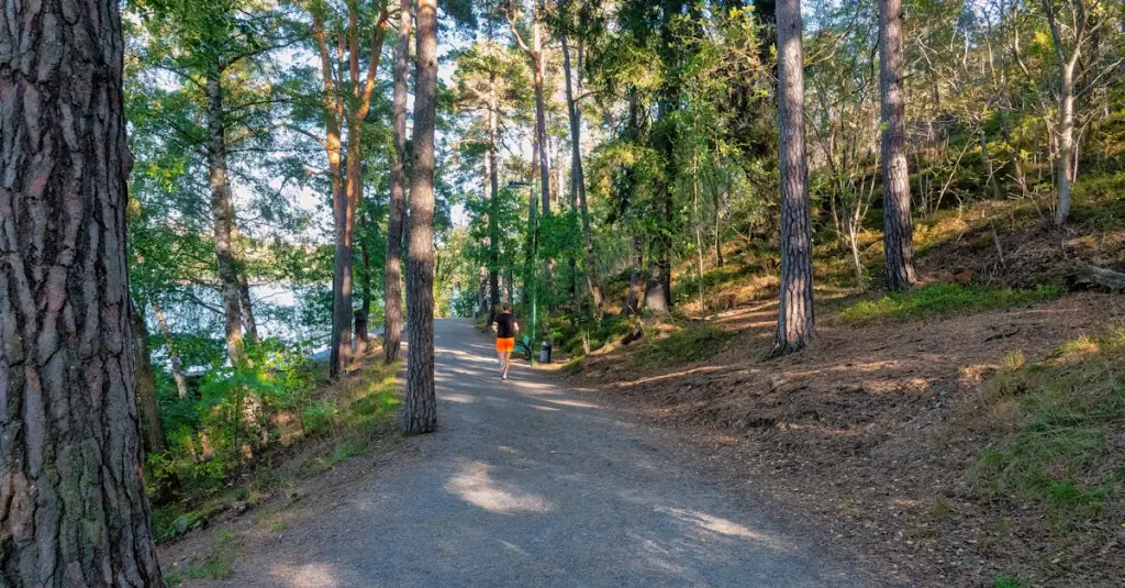 A lone trail runner navigating a technical descent on a Portuguese mountain trail at dusk, headlamp lighting, steep rocky path, dramatic sky with orange and purple tones, motion blur on feet, realistic endurance sports photography