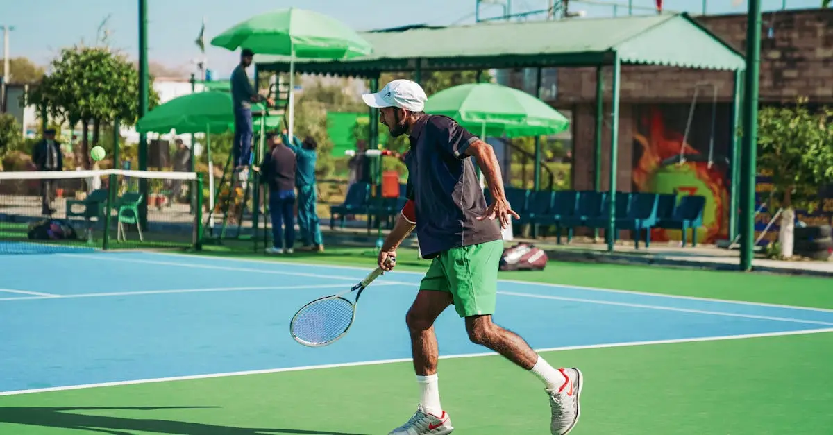Professional tennis player serving powerfully on hard court at US Open in New York, stadium lights, night match atmosphere, DecoTurf blue court surface, realistic sports photography