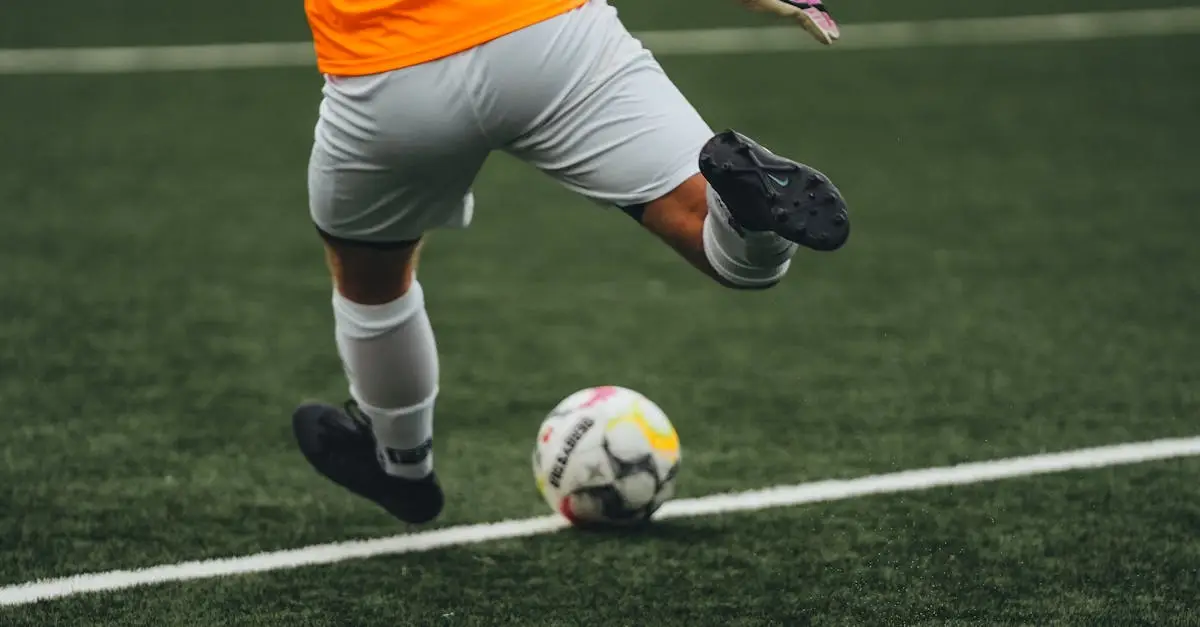 Split composite image showing four football players in different positions — goalkeeper, defender, midfielder, and forward — each with a distance counter graphic overlay showing kilometers run, professional football stadium, photorealistic style