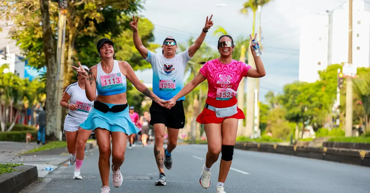 A diverse group of women runners jogging together on a Portuguese riverside promenade during a spring morning, casual athletic gear, smiling and chatting, soft sunlight, community running vibe, realistic stock photo