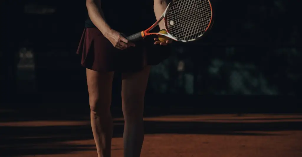 Female professional tennis player mid-serve action on a hard court, dynamic pose with arm fully extended, ball leaving racket, stadium lights, realistic sports photography
