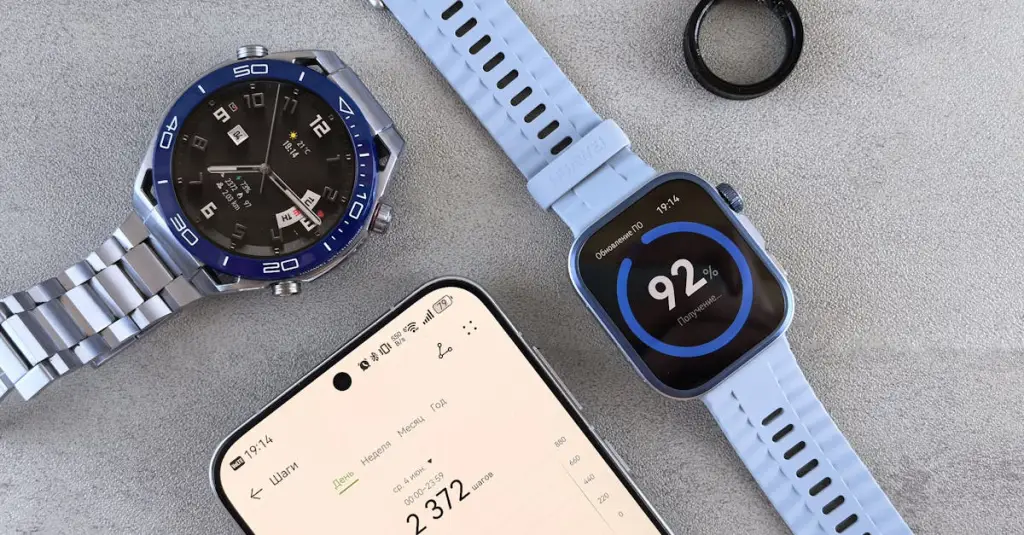 Close-up of three smartwatches displaying different GPS route maps on their screens, placed on a wooden surface next to running shoes, overhead flat lay, professional product photography, natural lighting