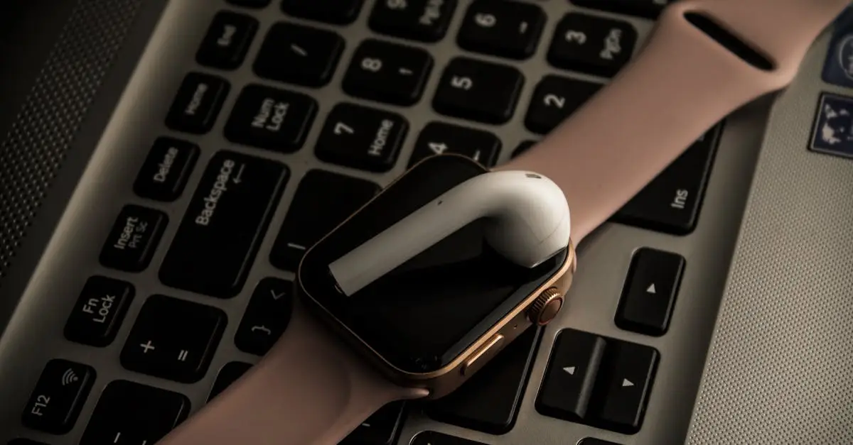 Close-up comparison of multiple smartwatches laid flat on a dark surface showing different GPS watch brands including a sport watch with MIP display and one with AMOLED display, realistic product photography studio lighting