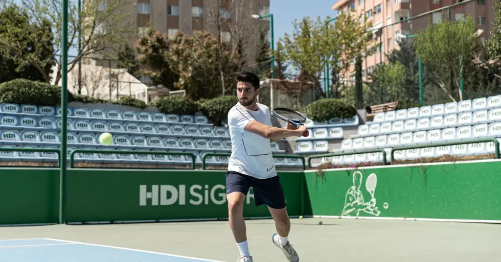 Professional male tennis player serving on a fast grass court at Wimbledon style venue, low ball bounce visible, serve-and-volley position, stadium crowd in background, realistic sports photography