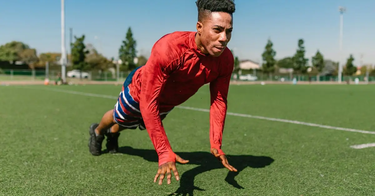 A female athlete performing a burpee broad jump on an indoor competition floor, mid-air during the broad jump phase, full body motion blur, HYROX event atmosphere with crowd in background, photorealistic sports photography