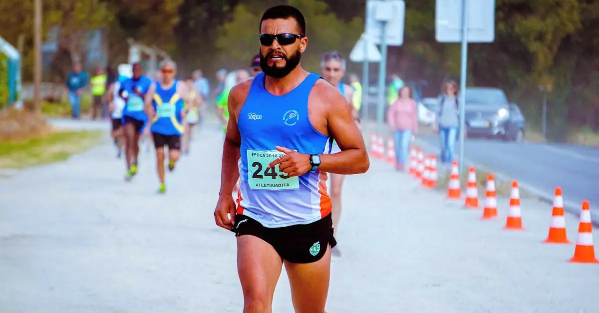 Diverse group of male and female marathon runners of various ages competing in a city marathon, determined expressions, race numbers on bibs, urban street setting, motion blur, realistic sports photography