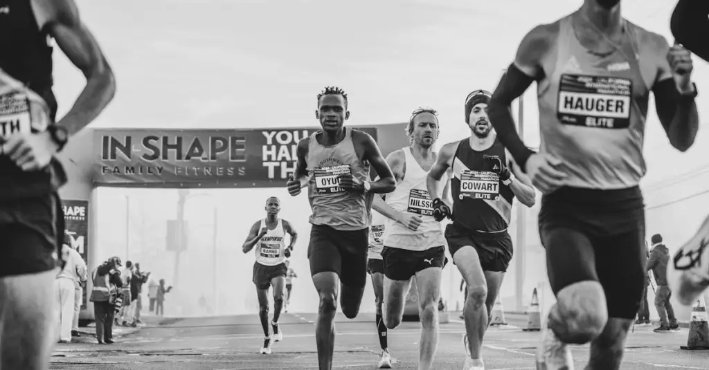 A lone elite male marathon runner sprinting down The Mall in London, race bib on chest, determined expression, spectators blurred in background, dynamic motion blur, professional sports photography, photorealistic