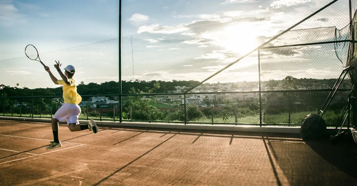 A group of tennis players performing Yo-Yo intermittent fitness test on an outdoor court, running between cones 20 meters apart, athletic clothing, sunny day, coach with stopwatch observing, realistic sports photography