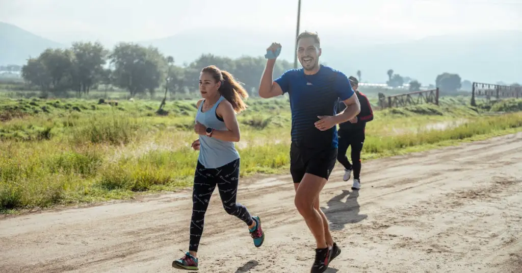 Group of recreational runners of different ages and genders competing in a 5K road race in Portugal, colorful race bibs, urban setting, morning light, dynamic running motion, realistic sports photography