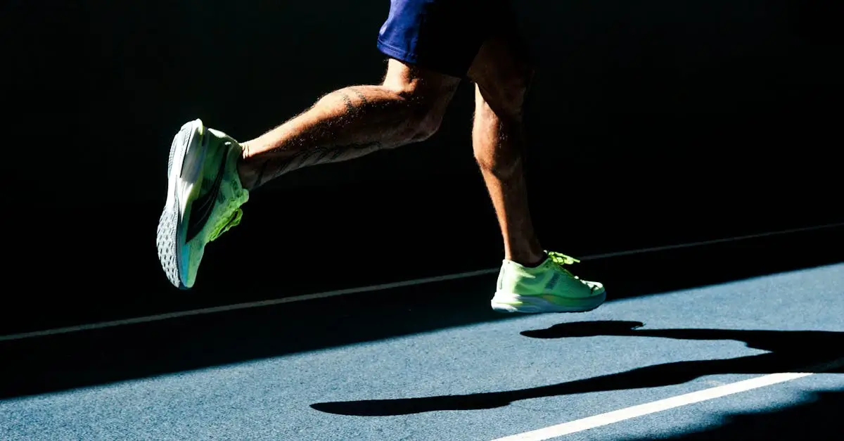 Close-up of a runner's legs and feet mid-stride on an indoor running track, showing biomechanical form, cadence motion blur, athletic shoes, sports science photography, realistic