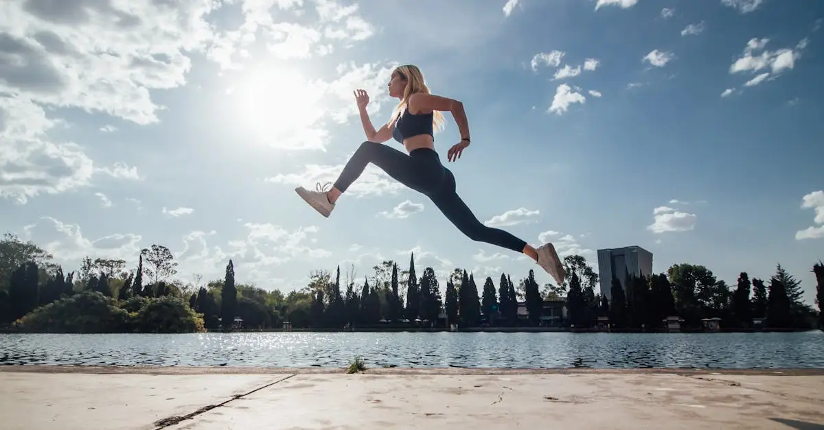 An athlete doing strength training plyometric box jumps in a modern gym, focused expression, performance training session, realistic sports photography, natural lighting