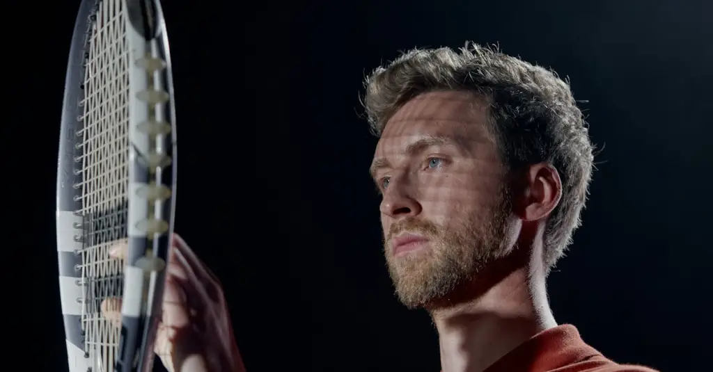Close-up of a male tennis player serving powerfully on a hard court, sweat visible, intense expression, professional match atmosphere, sharp detail on racket strings and ball impact