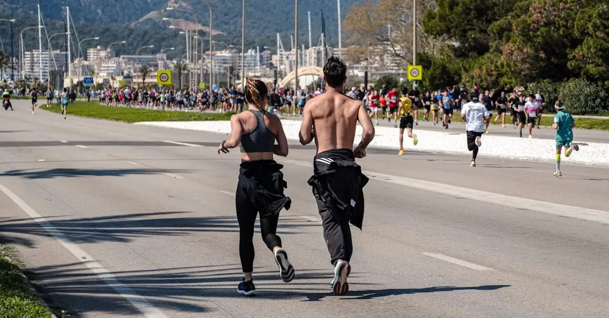 Aerial view of runners along the Douro River valley during a half marathon, vineyard terraces on hillsides, misty river in background, Portugal, drone photography style