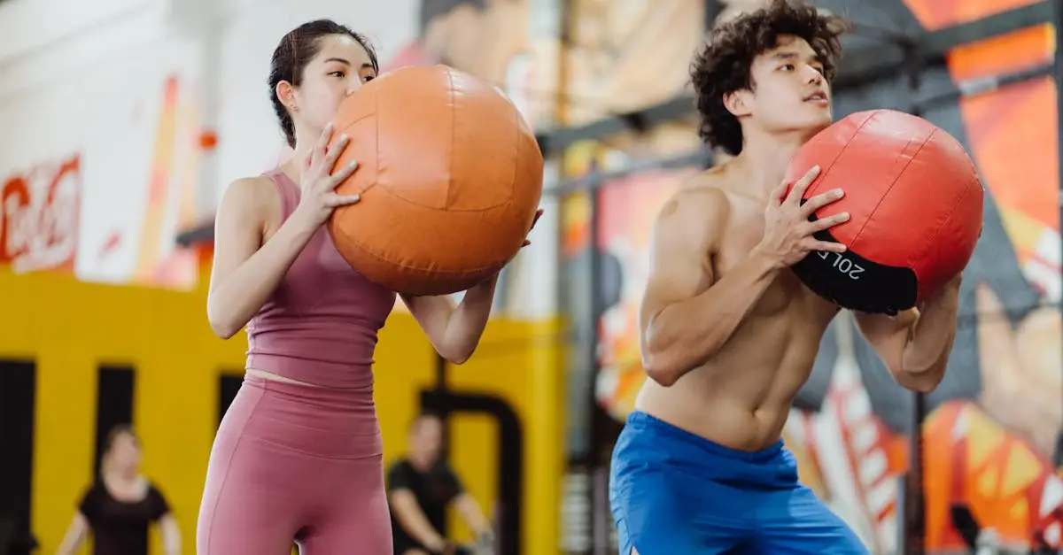 A female athlete doing wall ball exercises during a HYROX race, throwing a medicine ball against a high target, competition hall setting, sweat visible, determined expression, realistic fitness photography